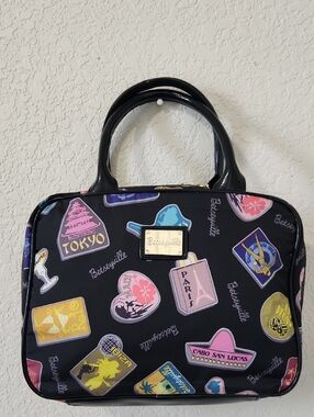 Betsey Johnson Black Mini Satchel with Pink, Purple & Blue Travel Patch Print